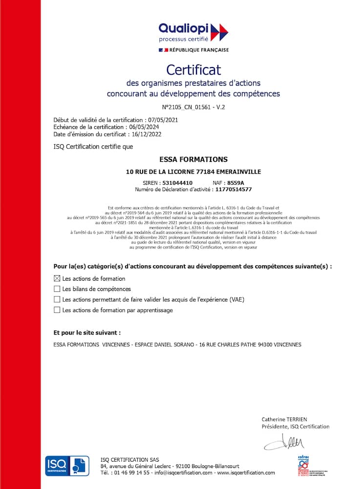 certificat qualiopi ESSA formations